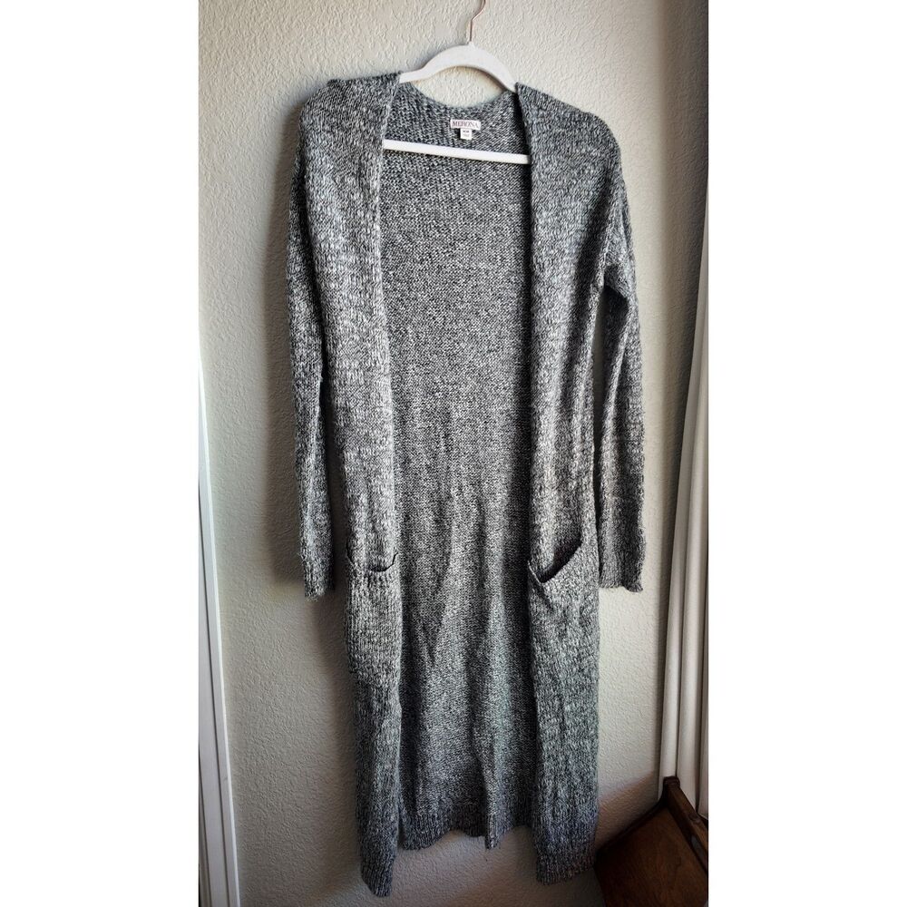 Merona Long Open Front Cardigan Women's M Gray Marled Knit Duster Pockets
